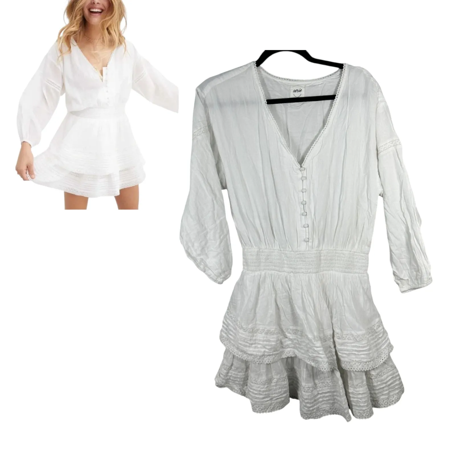 Aerie White Rock'n'Ruffle Boho Bohemian Tiered Lace Mini Dress Medium - Image 2