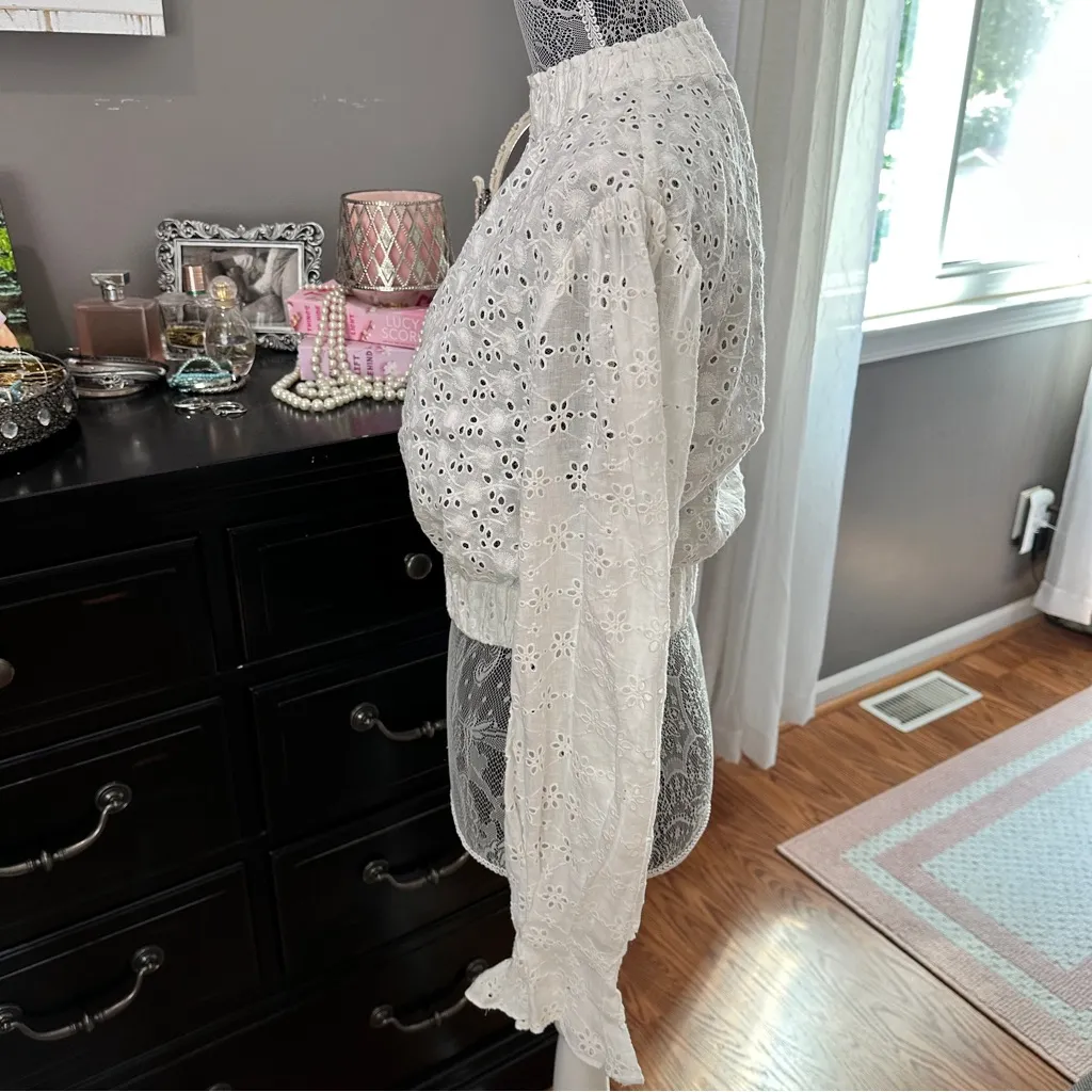 AllSaints Luna Broderie Eyelet Embroidered Linen Cotton Top White Size 6 - Image 5