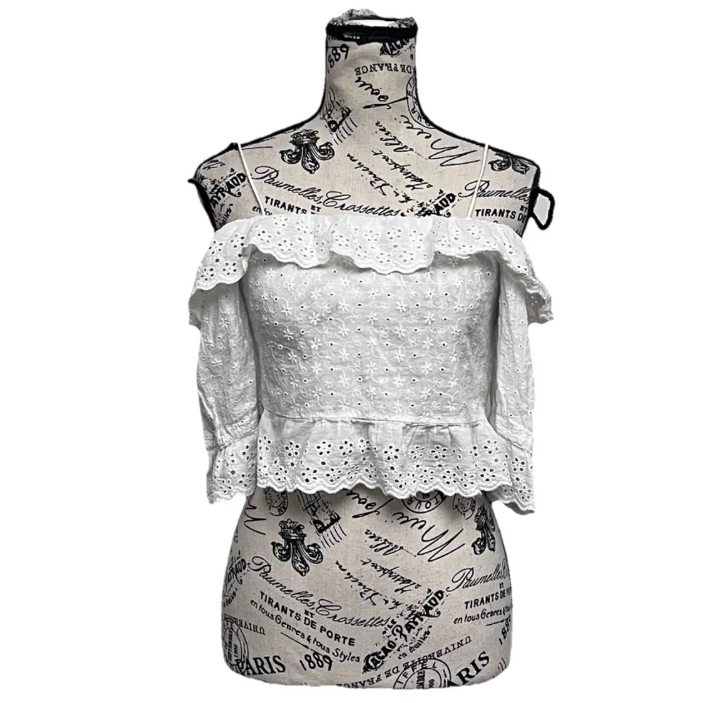 Zara Eyelet Sheer Ivory Crop Top Blouse Boho Peasent Hippie Coastal Cowgirl S - Image 2