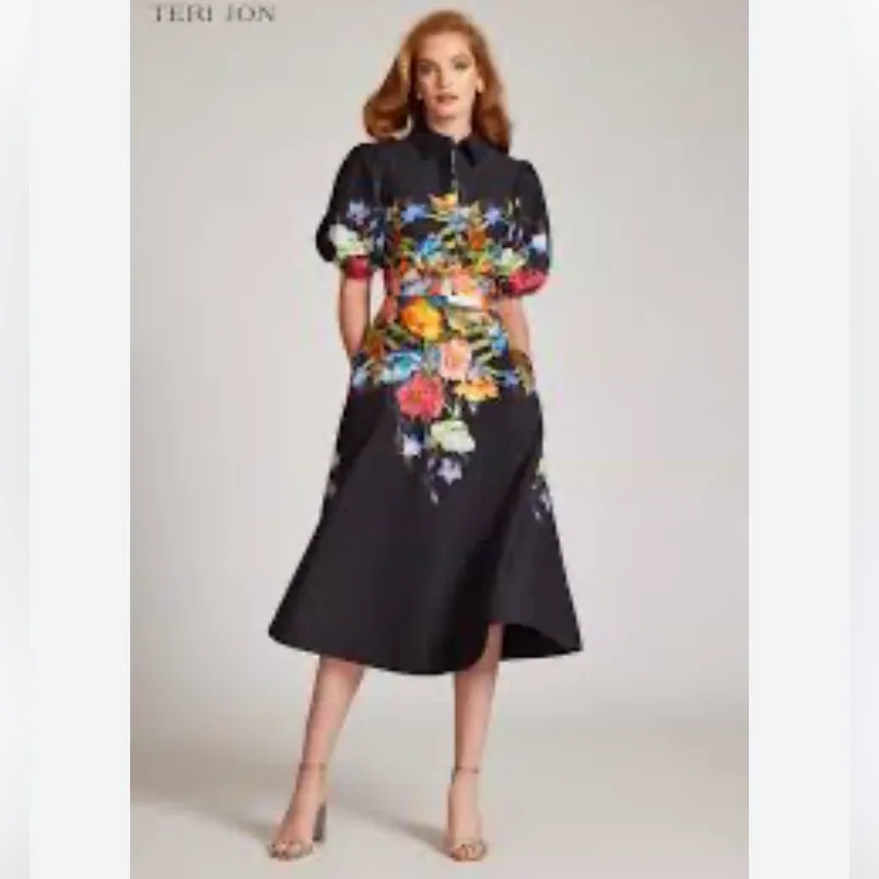 Rickie Freeman for Teri Jon Black Floral Midi Dress Size 12 - Image 5