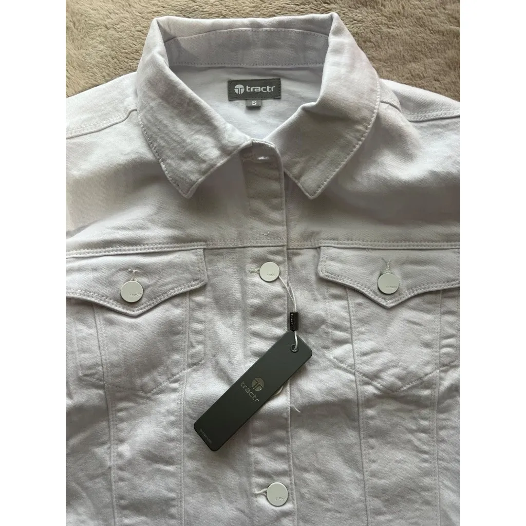 Tractr Womens White Denim Jacket With Button Front & Chest Pockets - Image 5