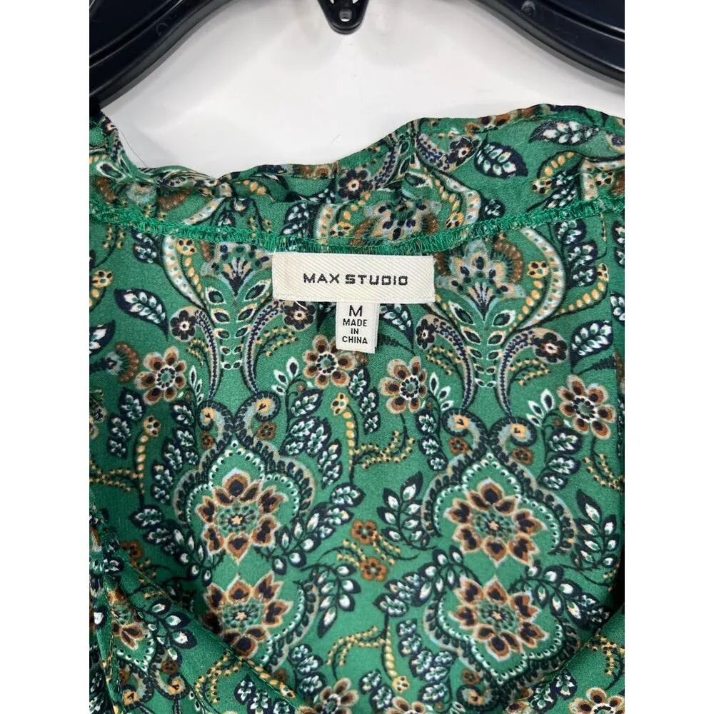 Max Studio Green  Peasant Blouse Ruffle Detail Patterned Short Sleeves Size M - Image 5