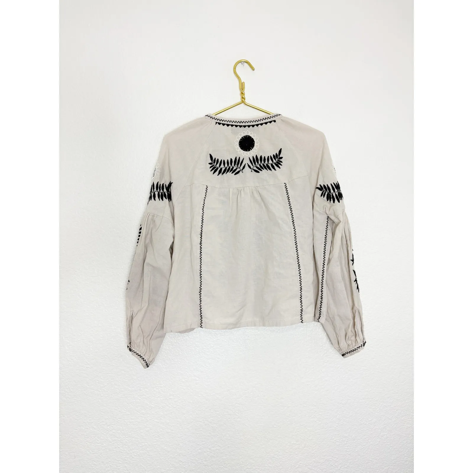 Zara Boho Embroidered Tassel Cardigan Small Cream Black Linen Cotton Western - Image 14