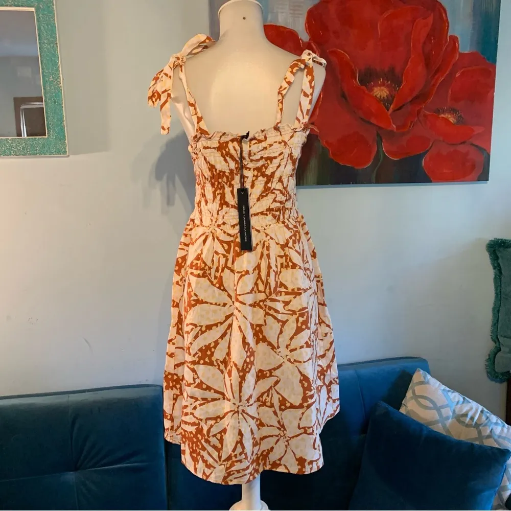 NWT New Nicole Miller 100% Linen Smocked Bodice Dress Tie Strap Floral M Medium - Image 4