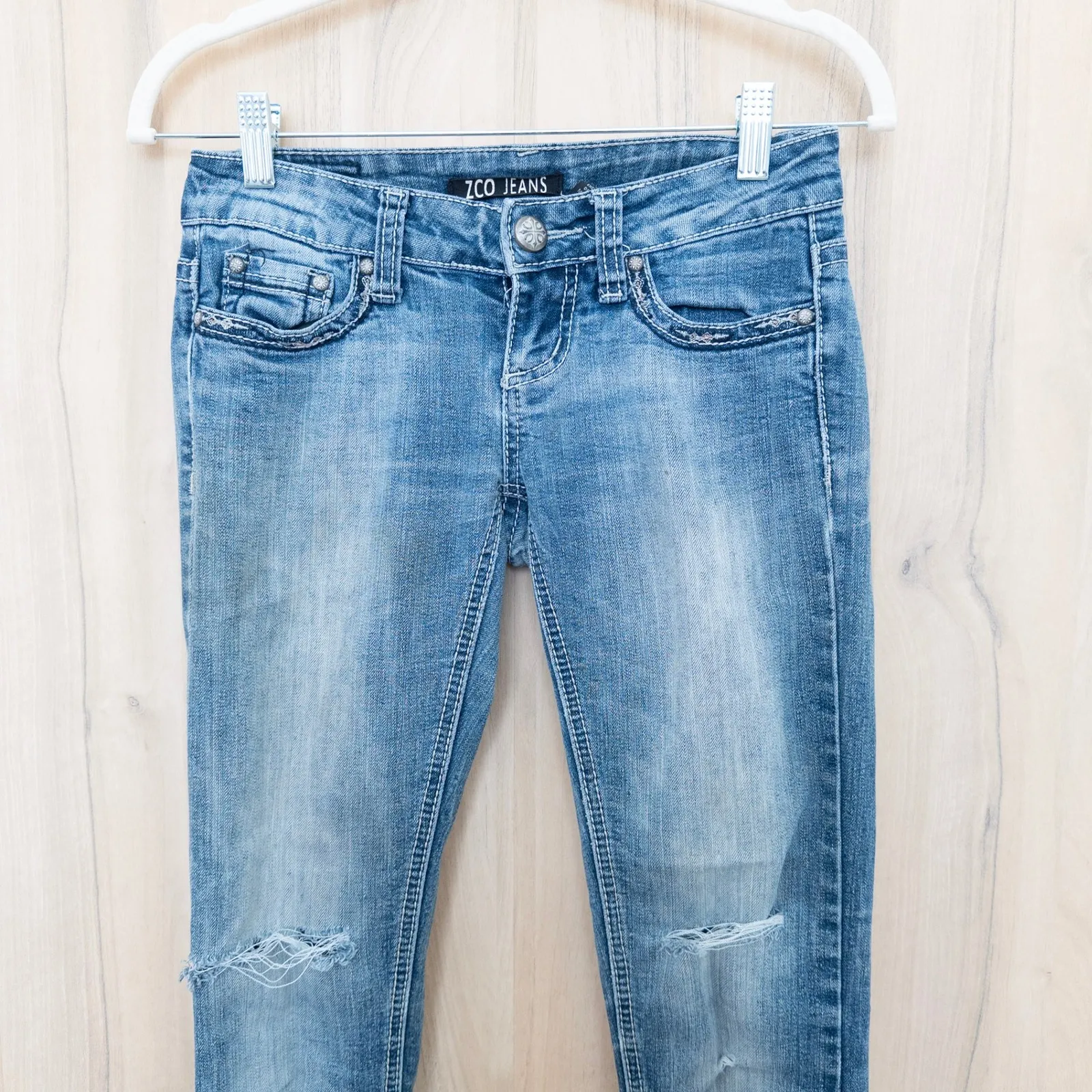 Y2K ZCO Womens Low Rise Jeans Size 0 Blue Distressed Skinny Beaded Pocket 2000s - Image 2