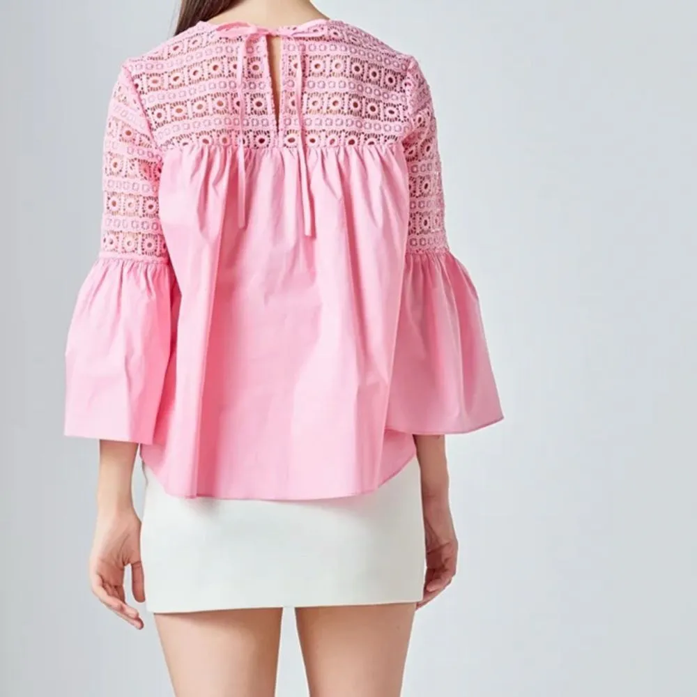Endless Rose Pink Lace Poplin Bell Sleeve Blouse Large TJ027T - Image 5