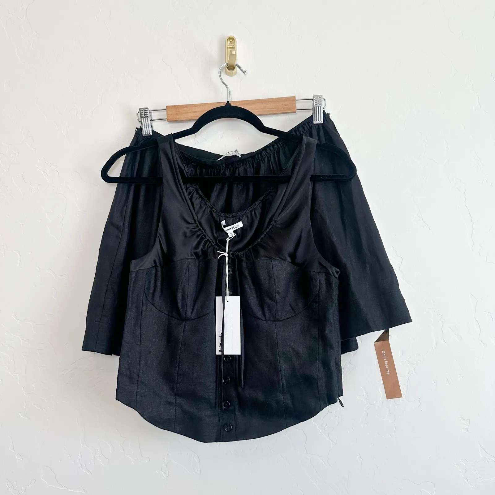 Reformation | Evy 100% Linen Corset Top‎ & Pleated Mini Skirt Set in Black - Image 5