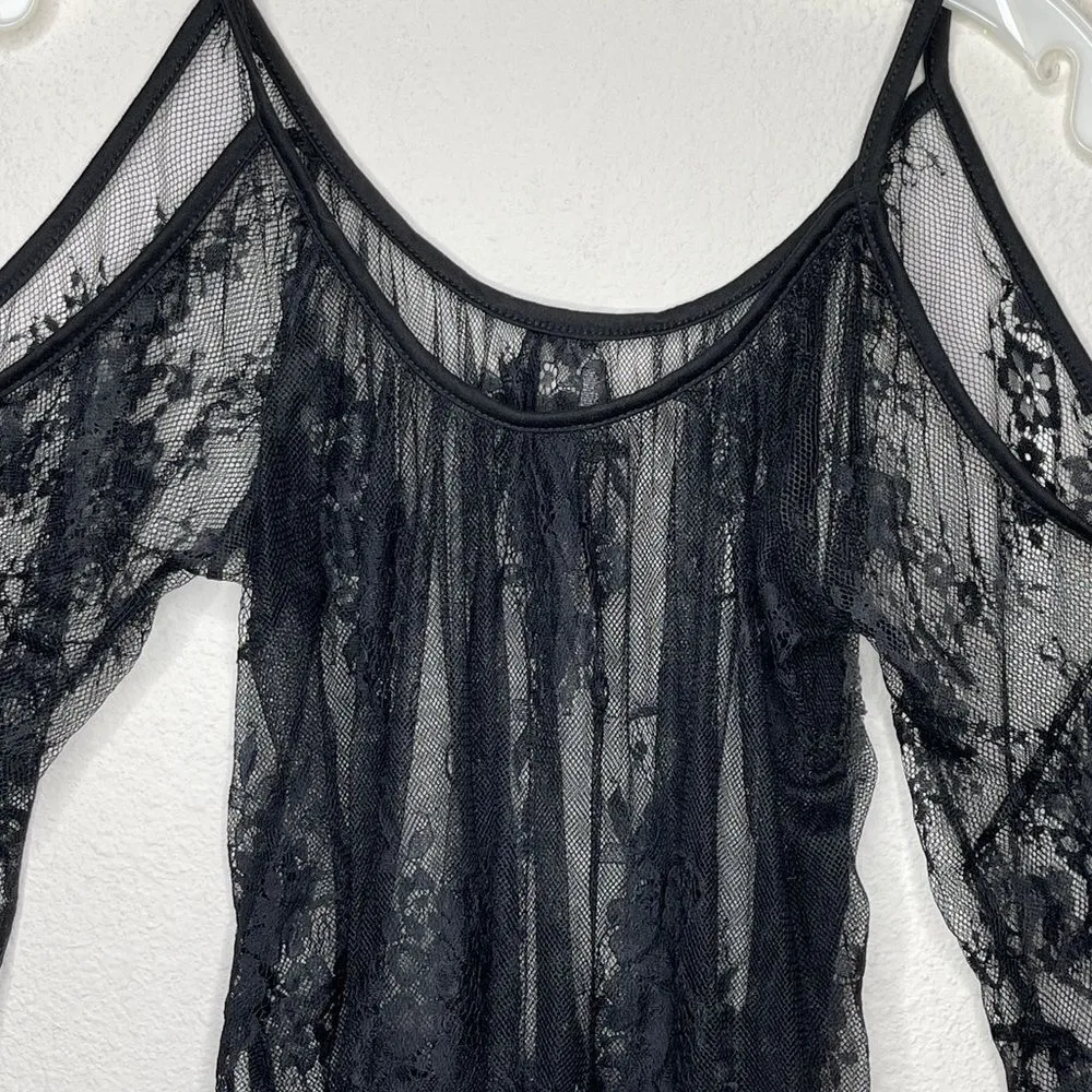 Sheer Lace Cold Shoulder Black Top - Image 2