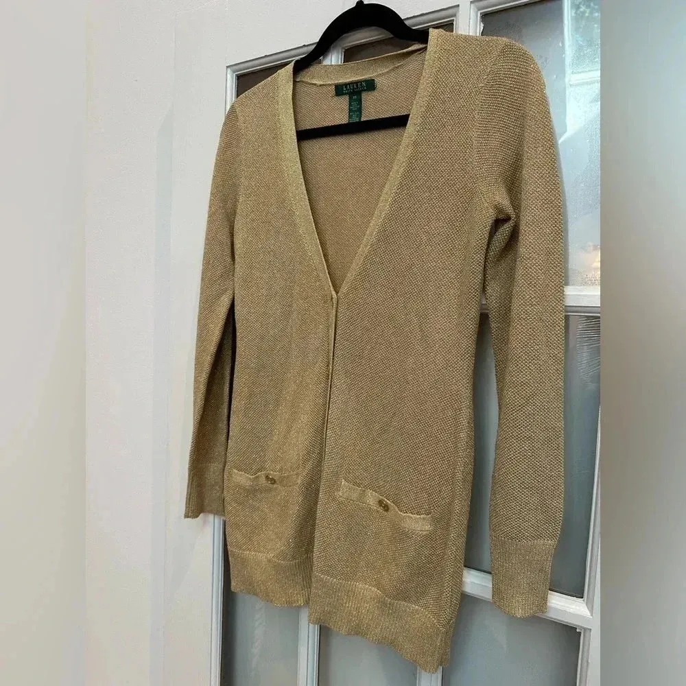 Lauren Ralph Lauren Metallic Gold Silk Blend Knit Button Down Cardigan Size XS - Image 3