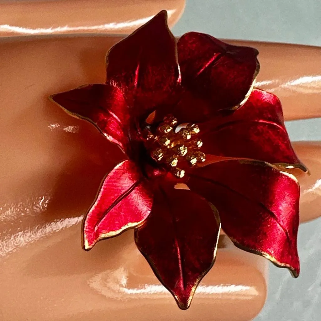 Cerrito Signed Red Poinsettia Enamel Rhinestone Brooch – Vintage Holiday Pin - Image 3