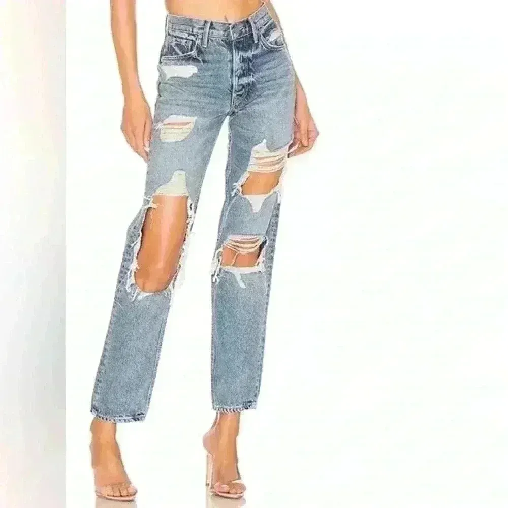 Grlfrnd Helena Straight‎ Jeans Women's 25 Blue High Rise Button Fly Distressed - Image 3