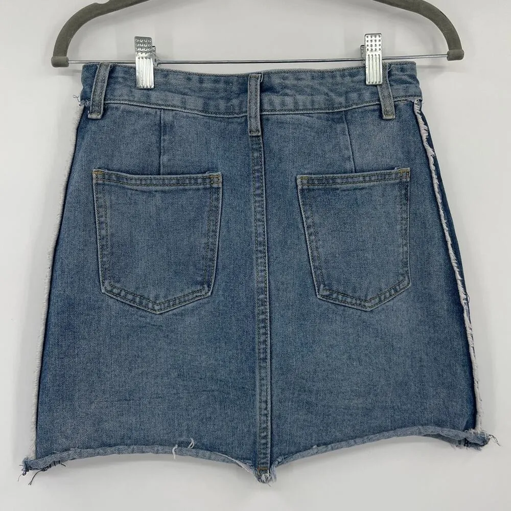 En Creme Y2K Cut Off Denim Mini Skirt Sz S Festival Grunge Distressed Raw Edge Blue - Image 6