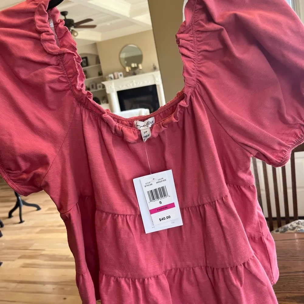 Puffed Sleeve Ruffle Tiered Knit Top Rose Pink Size undefined - Image 7