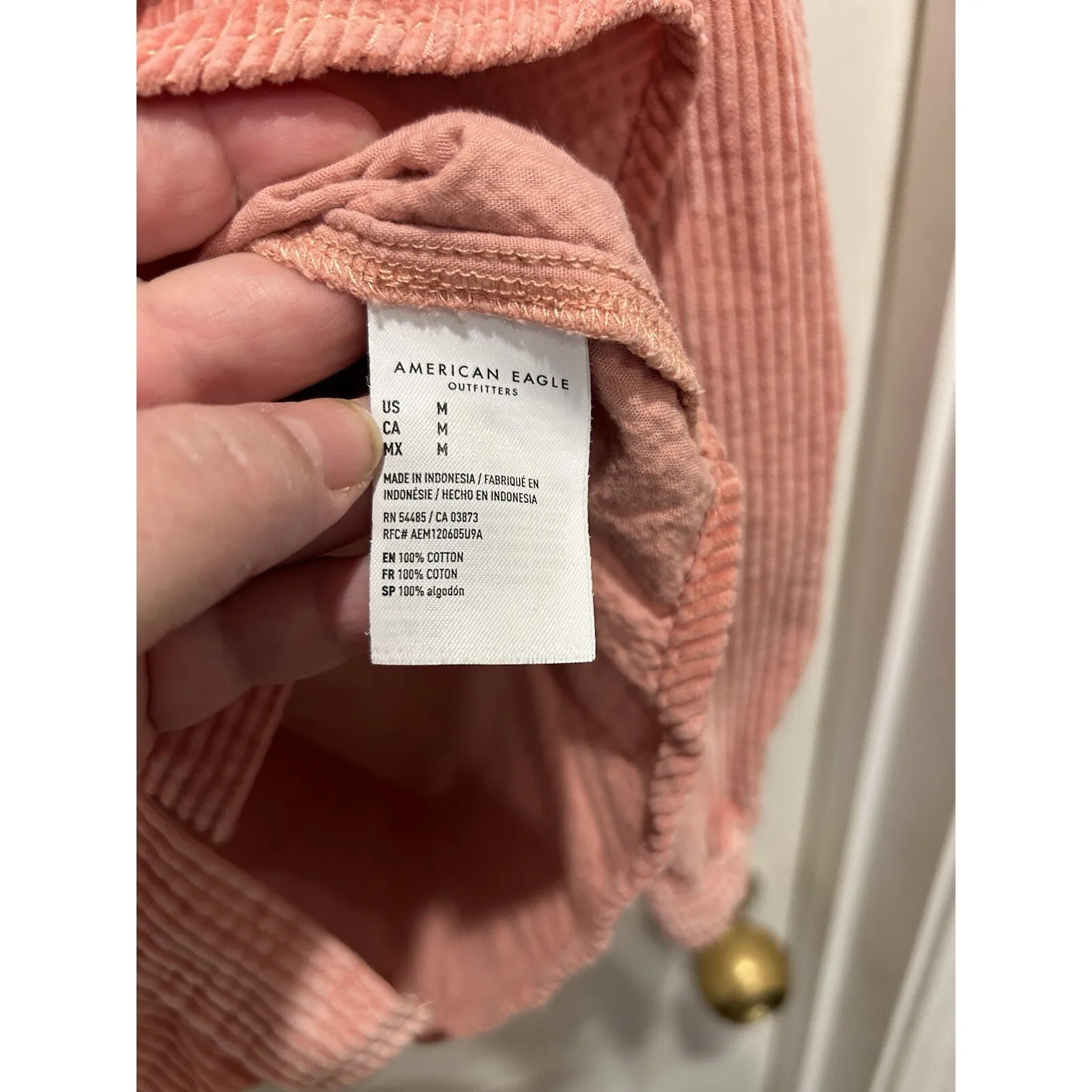 American Eagle Outfitters Corduroy Puff Sleeve Button Up Shirt Pink Women's M - Image 9