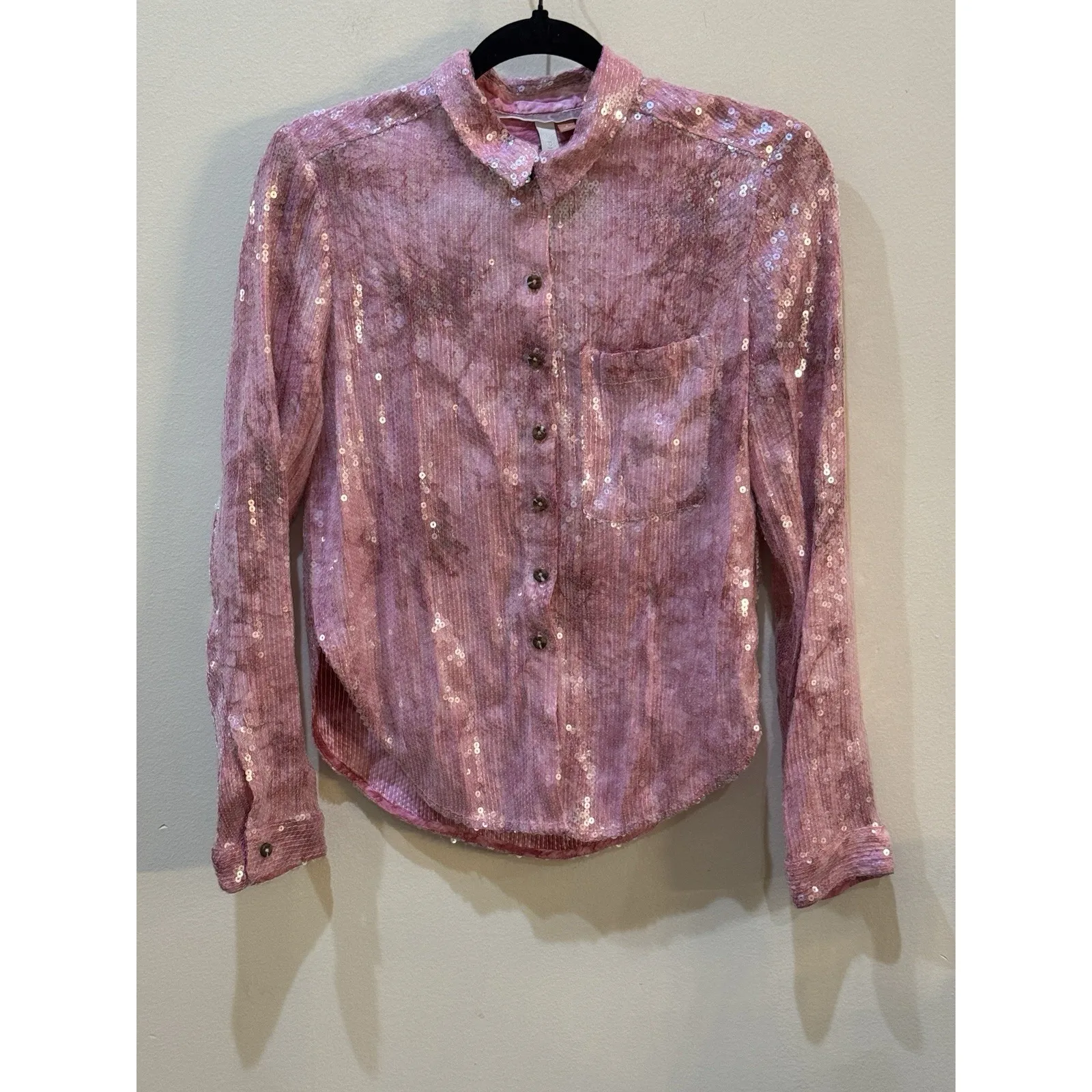 Anthropologie Pilcro Women's‎ Shrunken Sequin Button Down Blouse Size Small Pink - Image 2