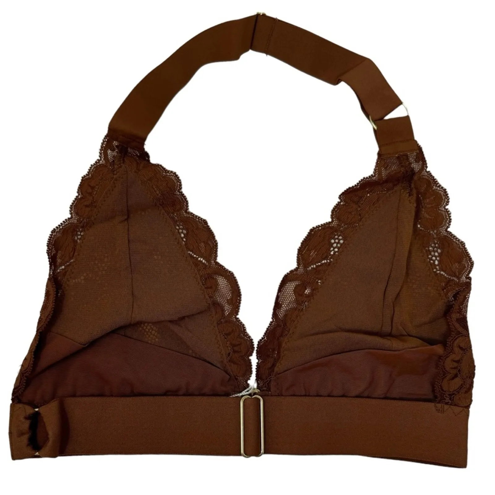 We Are HAH Groupie Triangle Bralette Milk Chocolate Lace Halter Open Back Size S Brown - Image 3