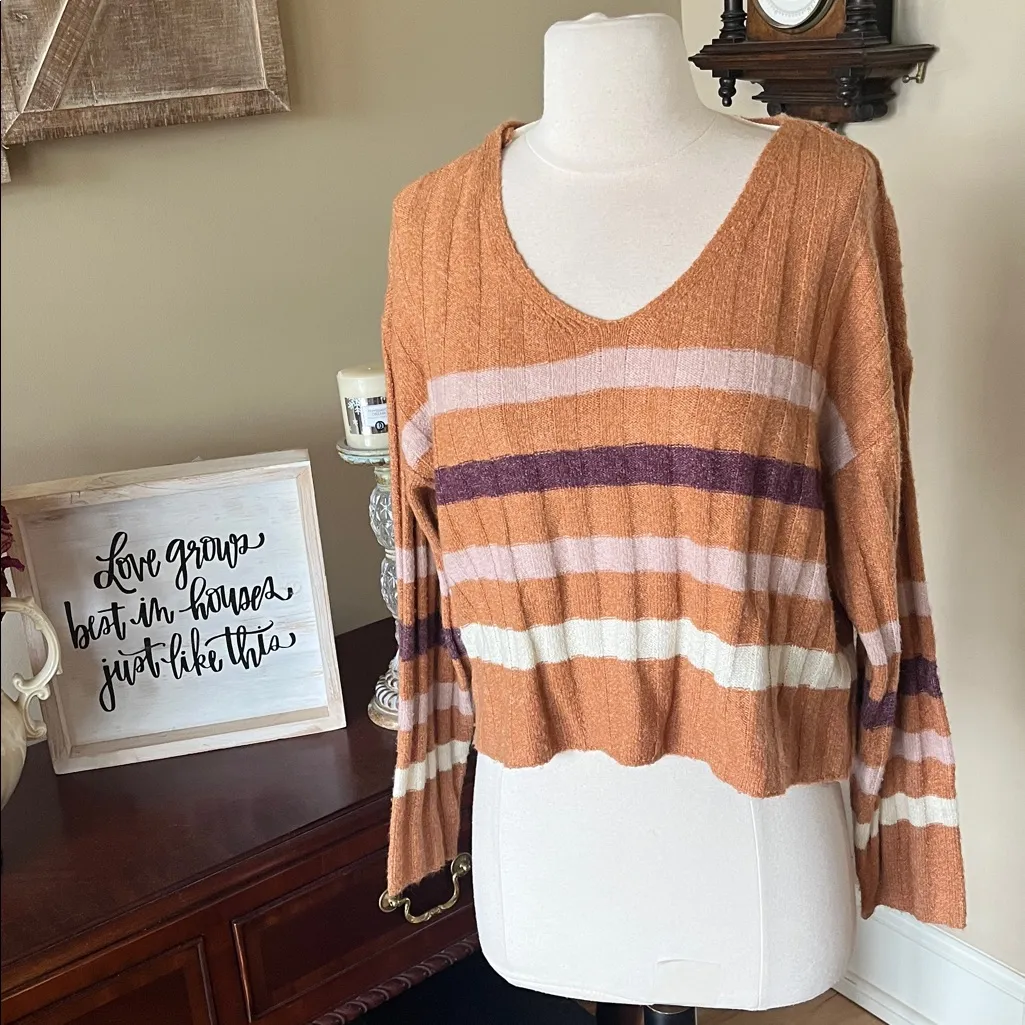 70s Vibe True Craft V-Neck Sweater - Brown and Cream Stripes Cropped New - Image 4