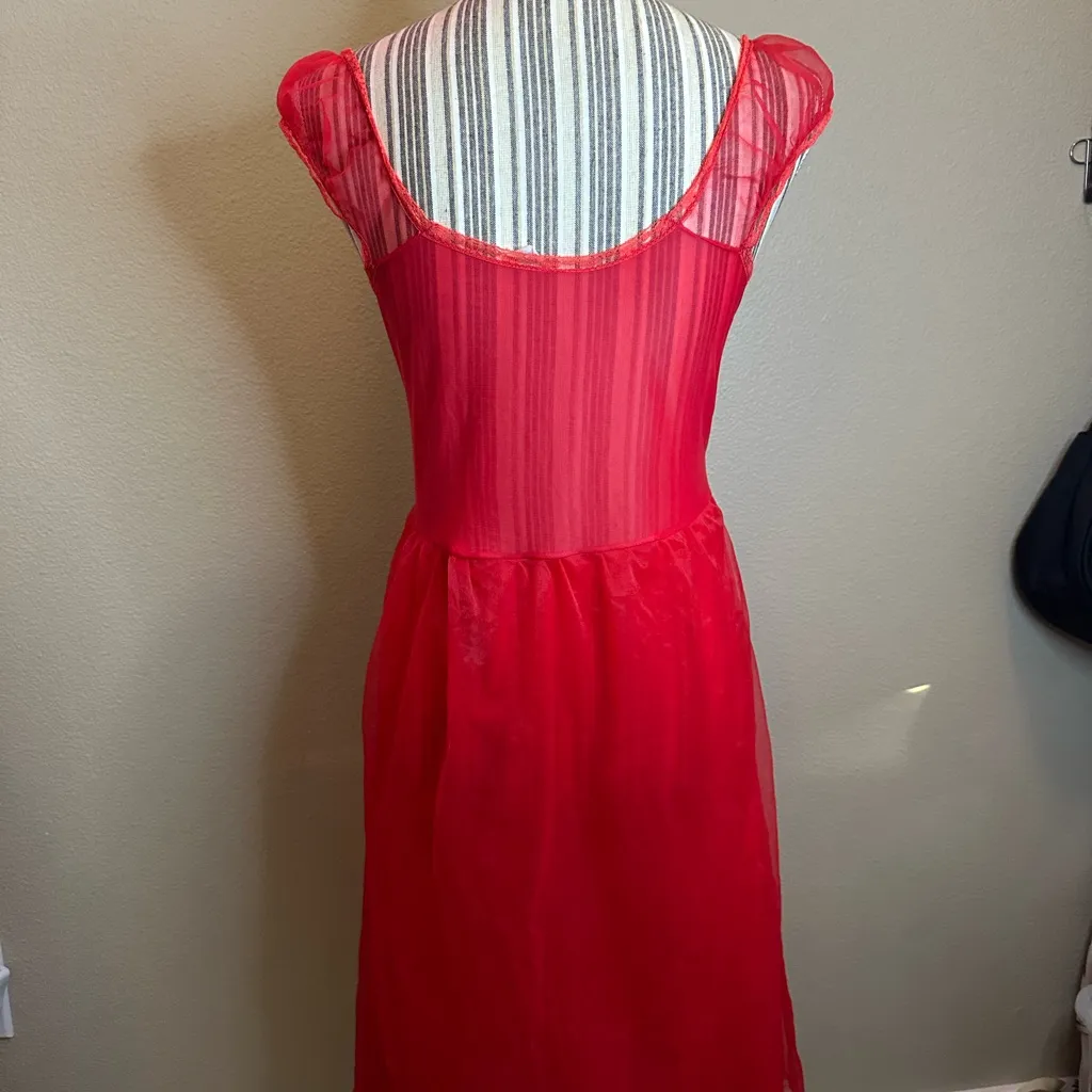 Vintage red floral 70s Ma Cherie nylon babydoll slip dress women’s size 37 - Image 8