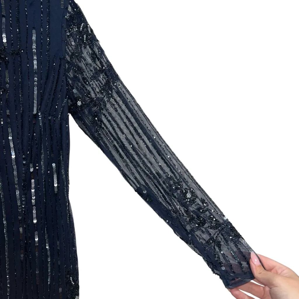 NEW NWT Mac Duggal Embellished High Neck Illusion Long Sleeve Gown Navy Blue - Image 6