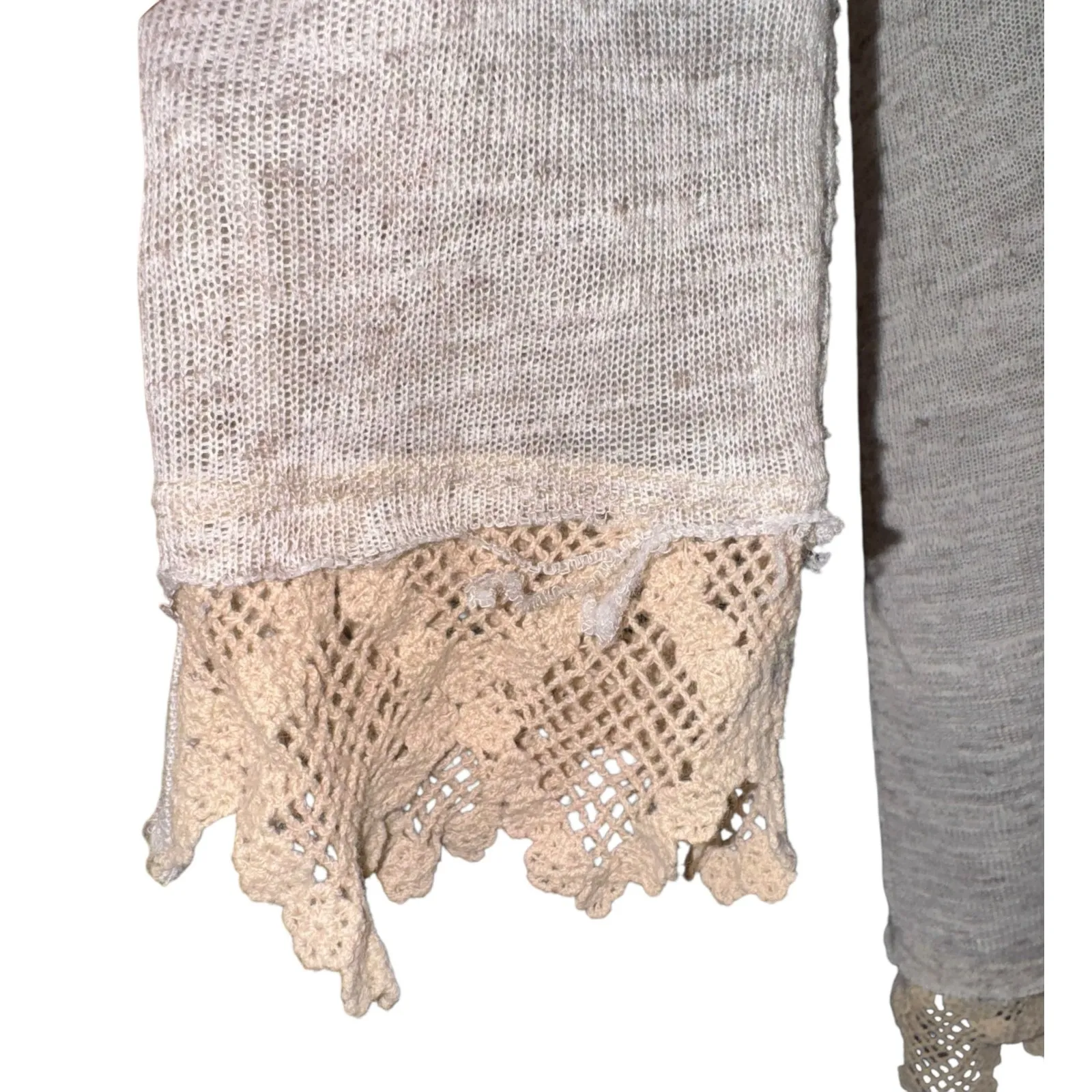 Vintage Free People Lace Trim Slub Knit Linen Blend Cardigan Sz Large Fairy Y2K - Image 2