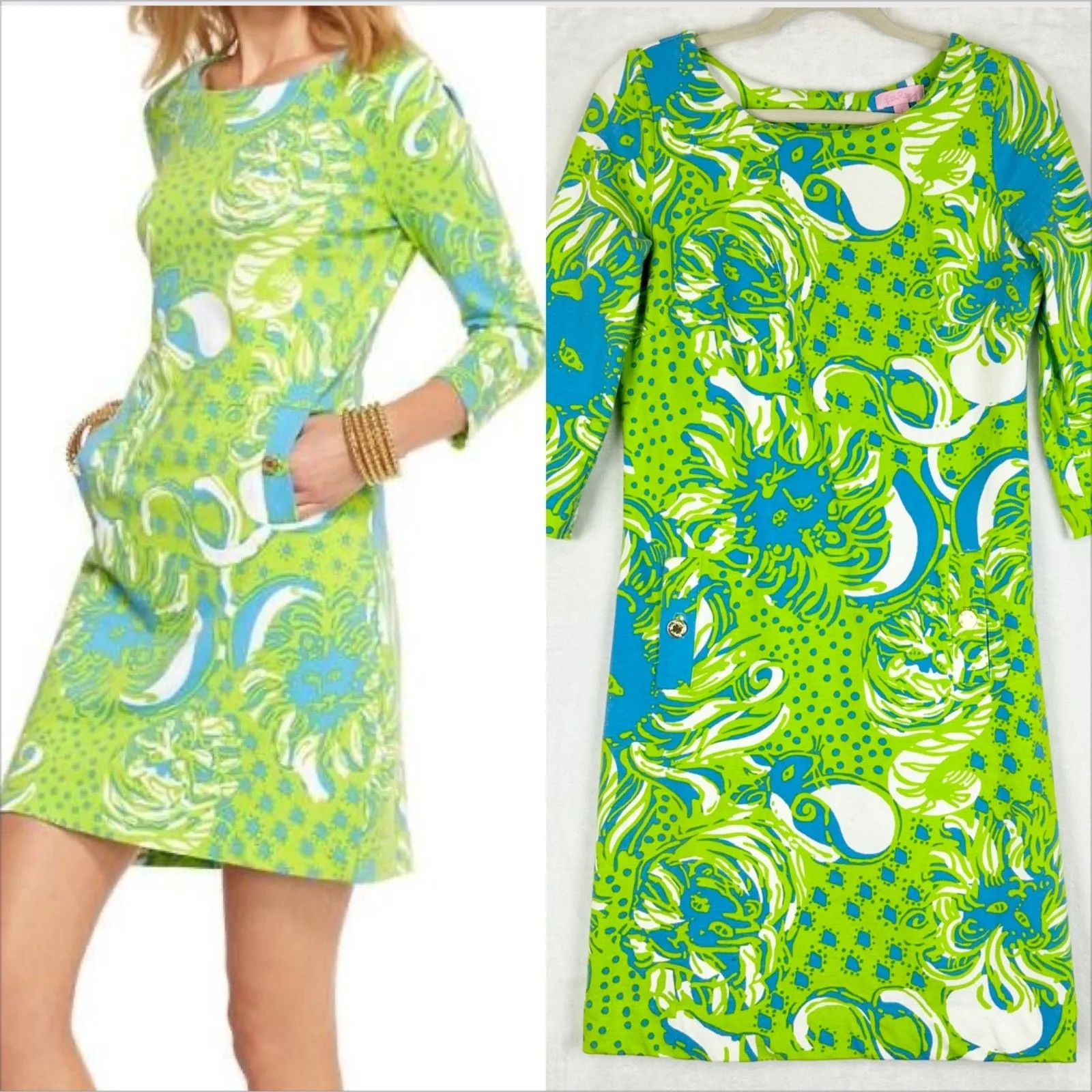 Lilly Pulitzer Charlene Dress Size Small Limeade Lion Pockets 3/4 Sleeve Vacay - Image 2