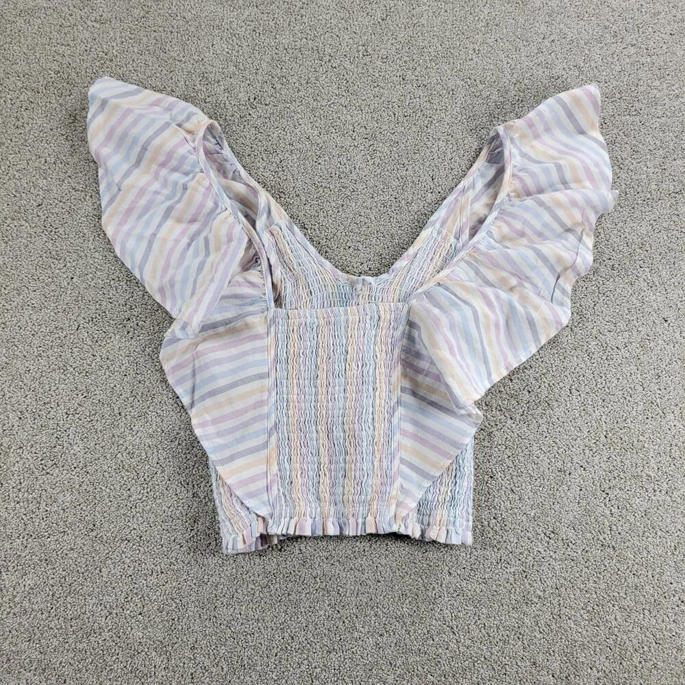 Vintage Havana Crop Top Womens Large Multicolor Stripe Smocked V Neck Button NWT - Image 3