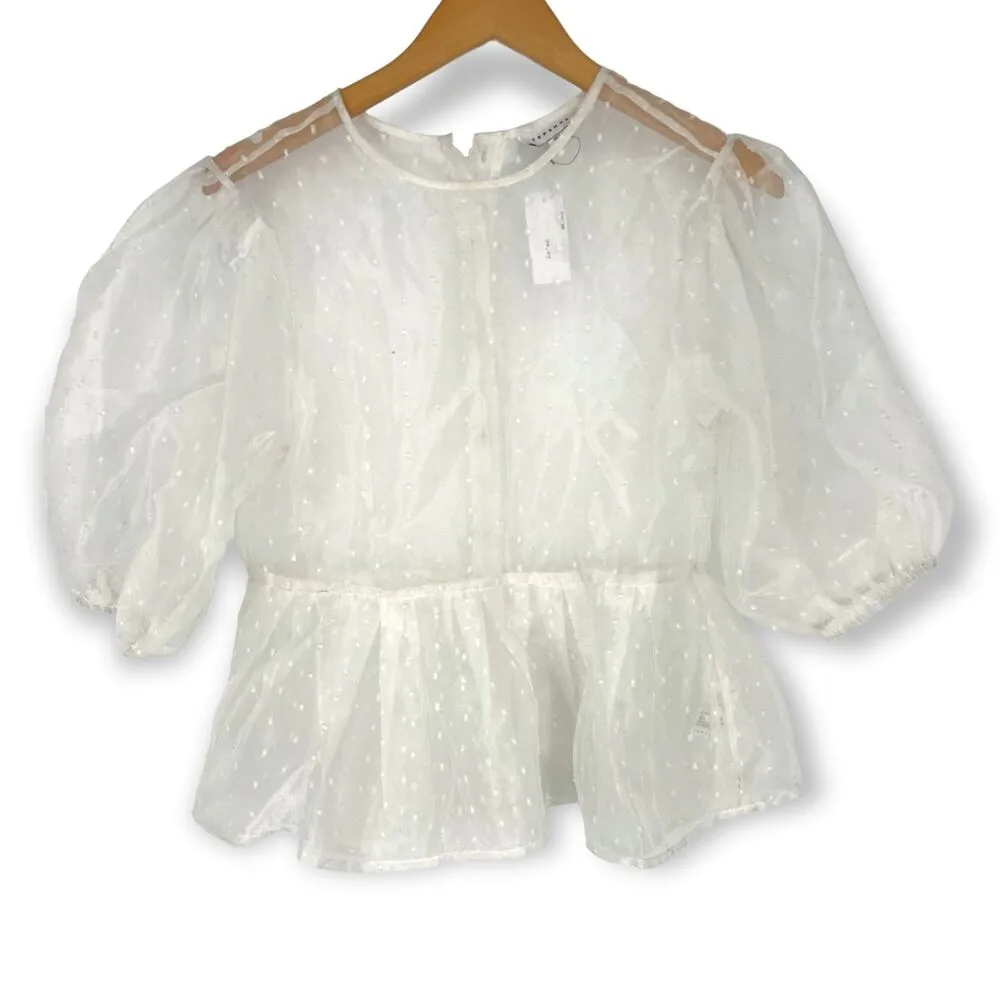 Topshop | NWT | Size 6 | Dobby Dot Organza Puff Sleeve Sheer Blouse | Retail $58 - Image 3