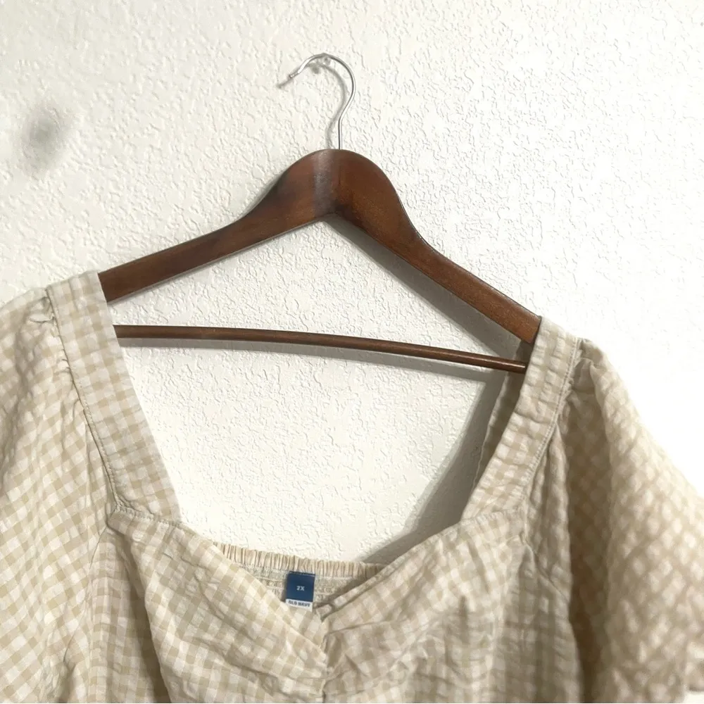 Old Navy Womens Shirt Blouse Cream White Gingham Plaid Puff Sleeve Plus Size 2X - Image 3