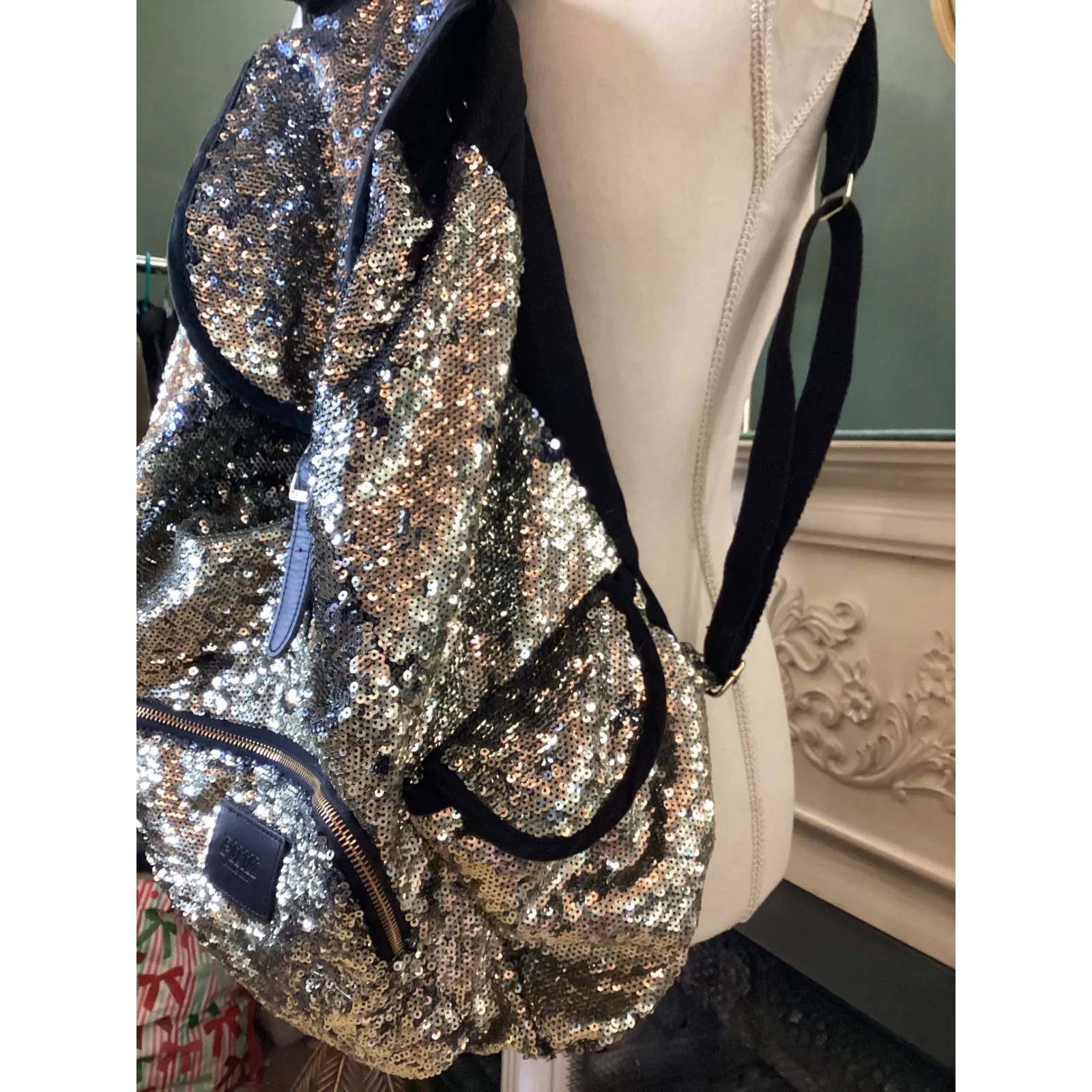 PINK Victoria's Secret Sequin Backpack Gold Silver Black Adjustable Straps - Image 2