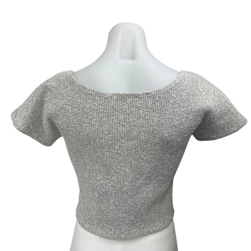 Monrow Women's Gray Ribbed Zip Up Stretch Knit Short Sleeve Shirt Crop Top Sz M Size M - Image 2