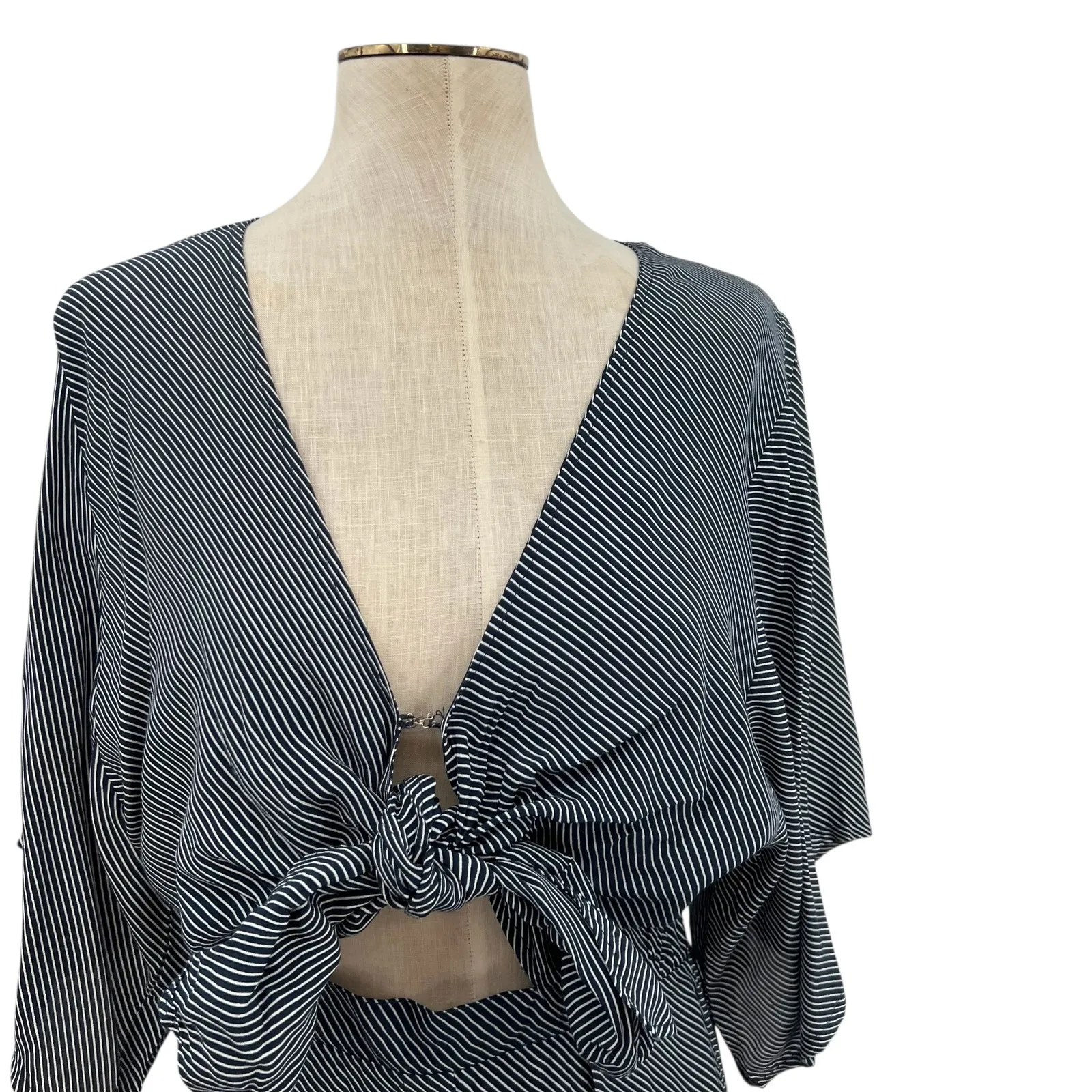 Faithfull the Brand Vinci Tie-Front Dress Cut‎ Out Striped Navy Blue Size US 6 - Image 4