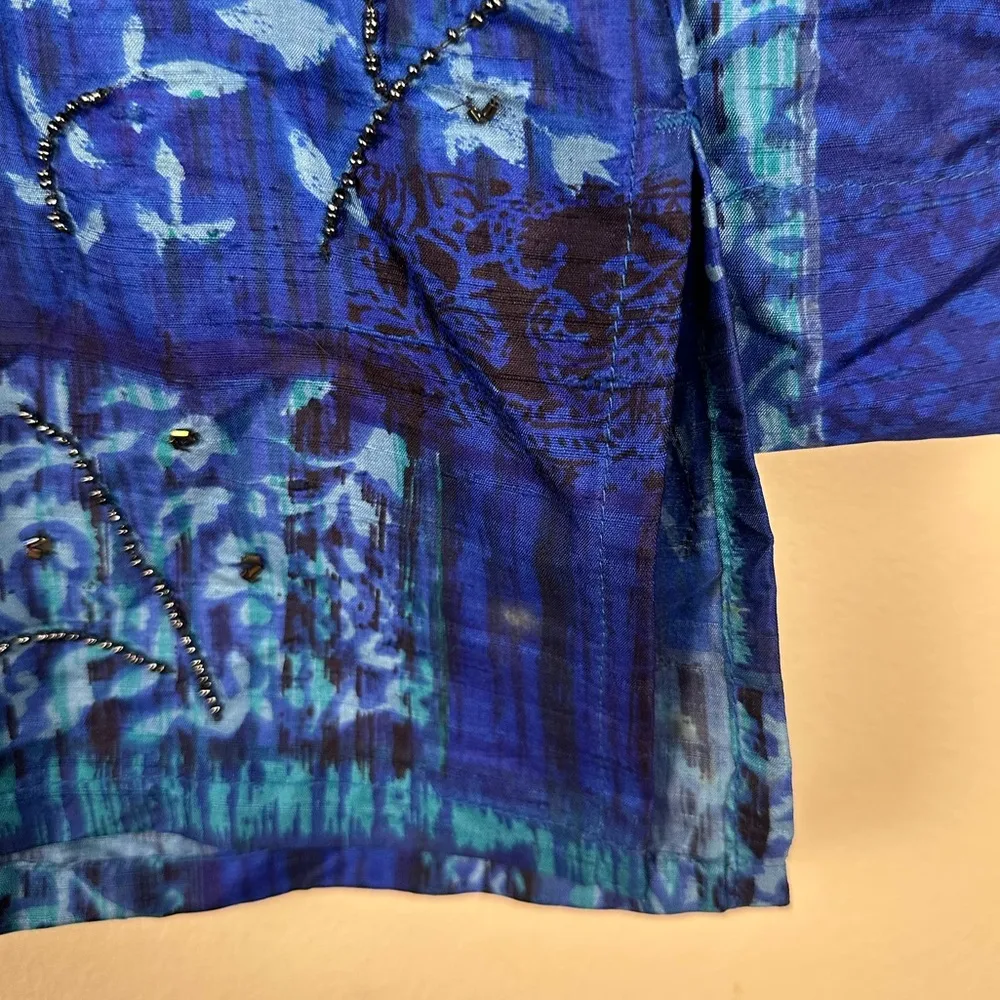 Vntg Chico's Design Silk Raw Blue Paisley Beaded Button Up Jacket Blouse Sz 1 - Image 4