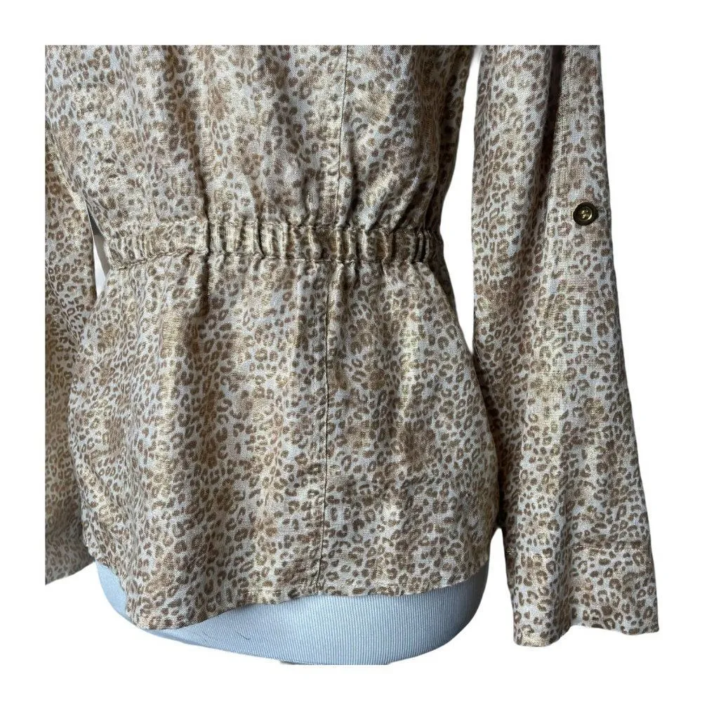 Charter Club Leopard Print Jacket Size S P Metallic Gold 100% Linen Top NEW - Image 8