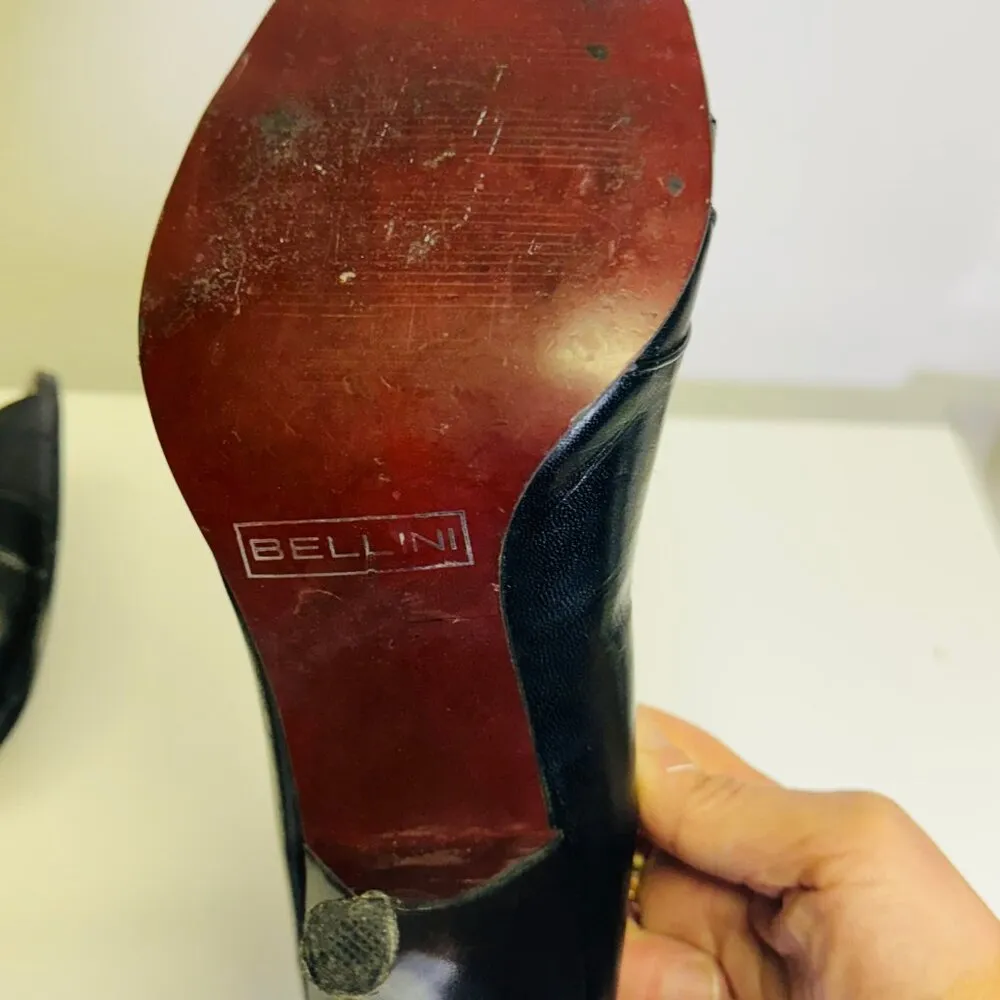 BELLINI SIZE 7 Black PATENT LEATHER OPEN TOE TRIM BOW DETAIL STITCHING PLEATED - Image 7