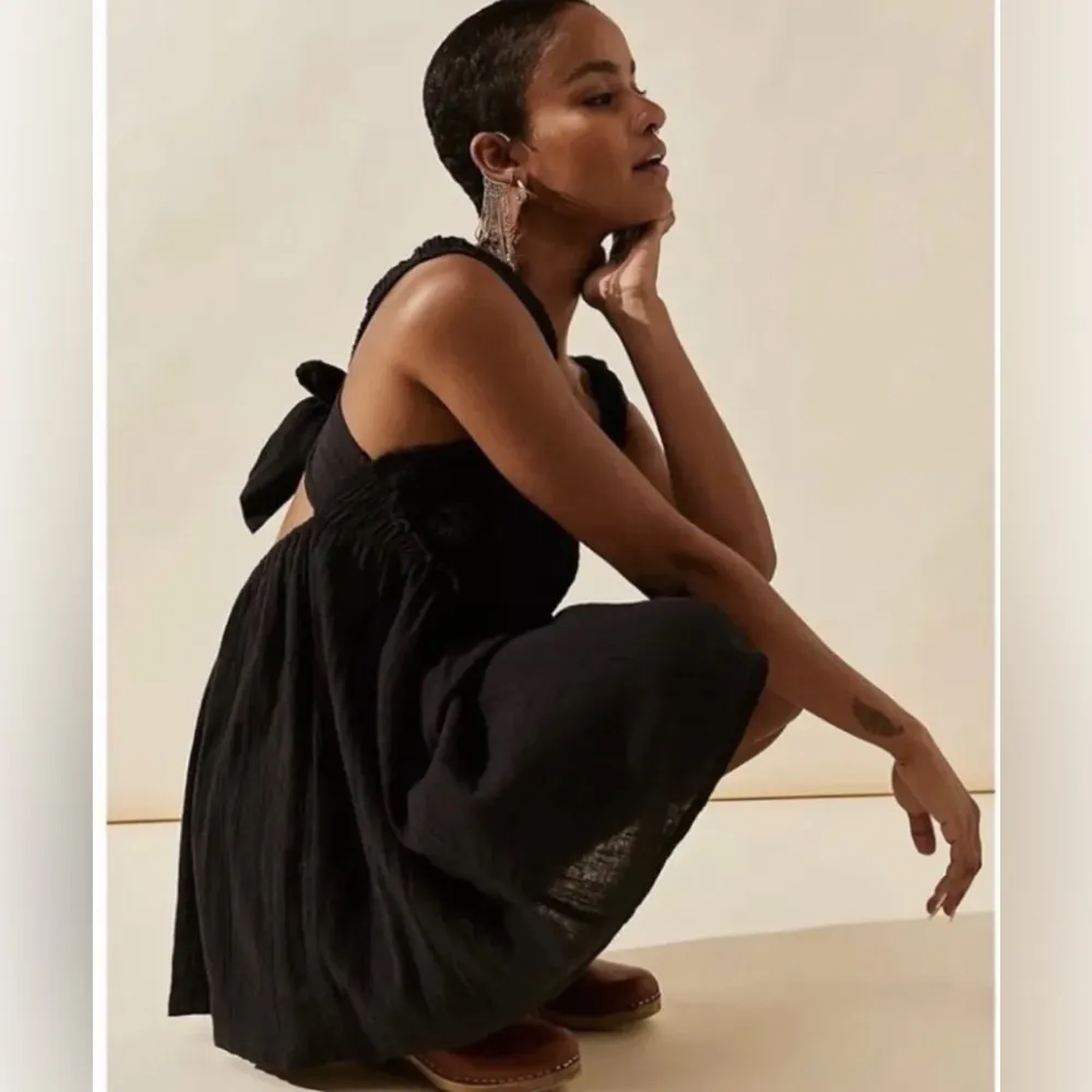 Free People Blissful Breeze Mini Dress Sundress Cotton Linen Black Medium NWT - Image 4