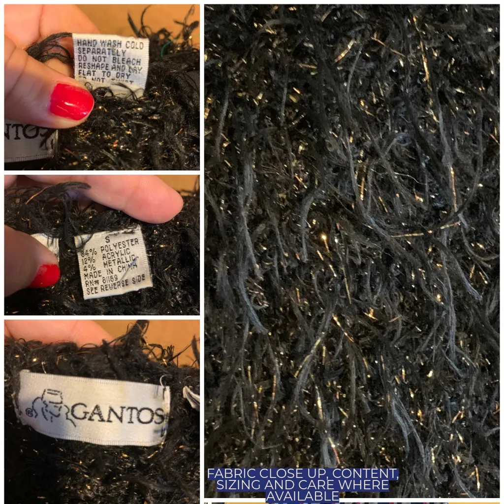 VINTAGE 1990'S GANTOS BLACK & GOLD EYELASH FRINGE CROPPED 3/4 SLEEVE SWEATER (S) - Image 12