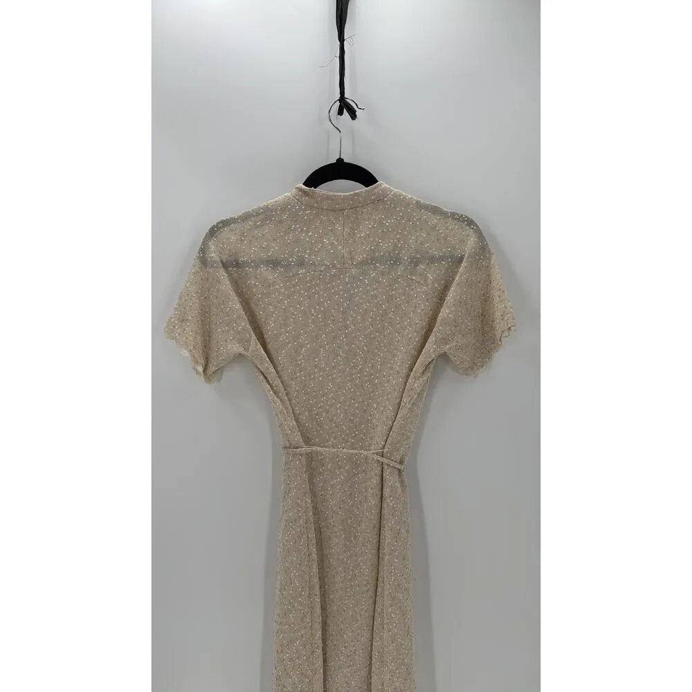 Vintage textured oatmeal lace trim tie waist dress semi sheer beach cover up S - Image 8