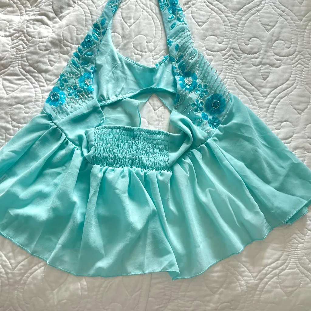 Aqua Y2K Halter Top with Beaded Details Blue Size M - Image 2