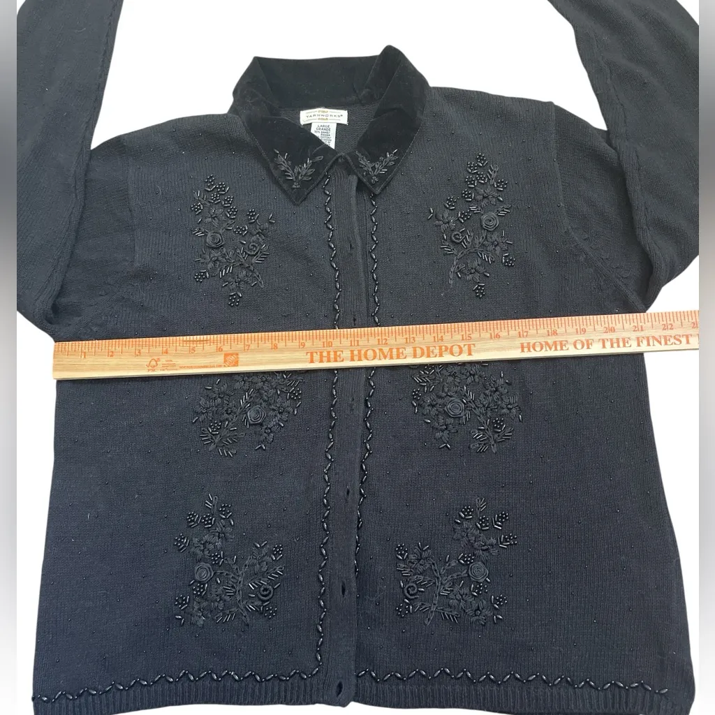 Chic Black Beaded Floral Embroidered Cardigan Size L - Image 8