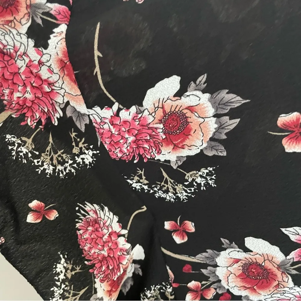 Kimono Cardigan Floral Ruffle Sleeves Lightweight Romantic Black Red Pink Grey Size 1X - Image 4