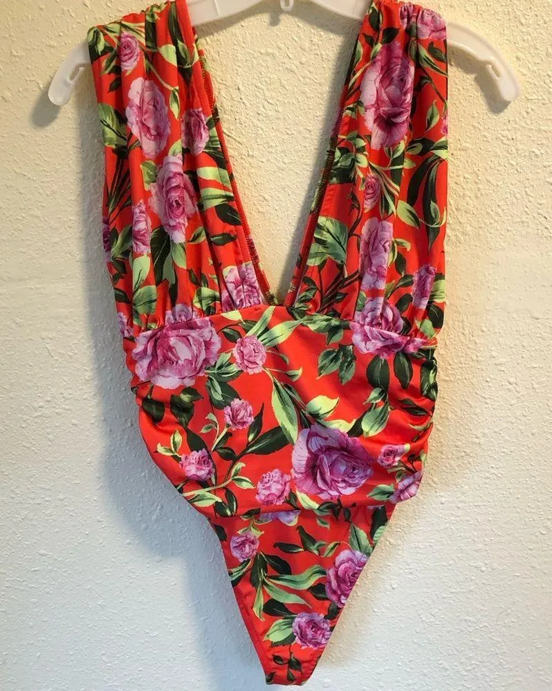 red pink green rose floral flower tropical ruched draped bodysuit S - Image 13