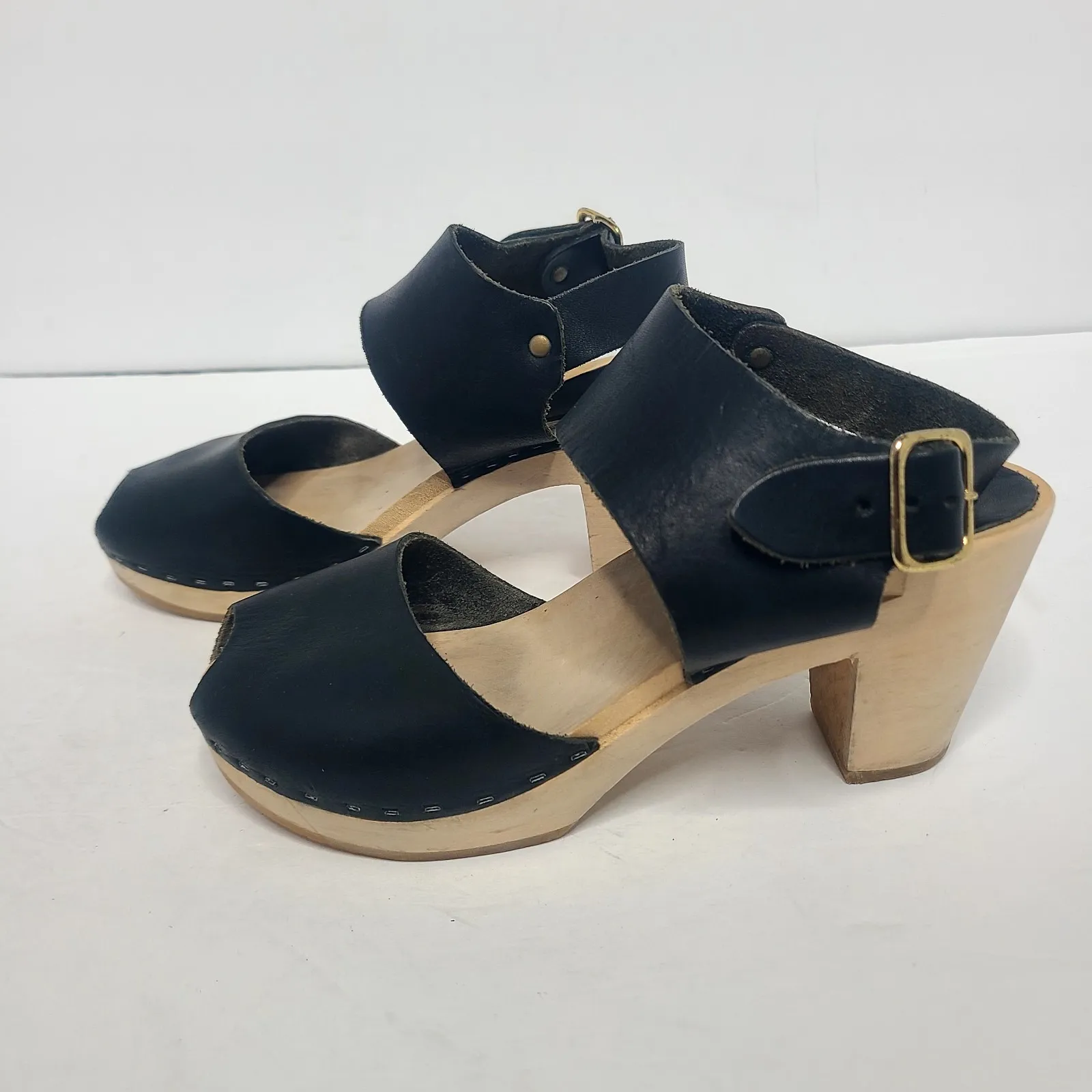 BRYR Clogs Size 38 Black Miranda Wooden Clog Sandals Leather Peep Toe Womens‎ - Image 3