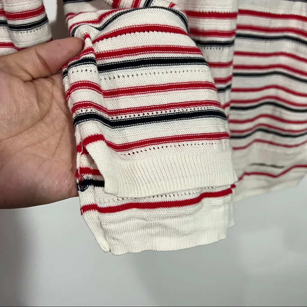 Talbots Pointelle Pull-on Sweater 3/4 Sleeve Ivory w Red Blue Stripes Medium‎ - Image 4