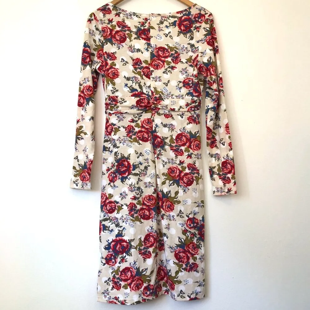 NEW NWT MEAVEOR Beige White Red Blue Floral Polka Dot Faux Wrap Dress Medium M - Image 9