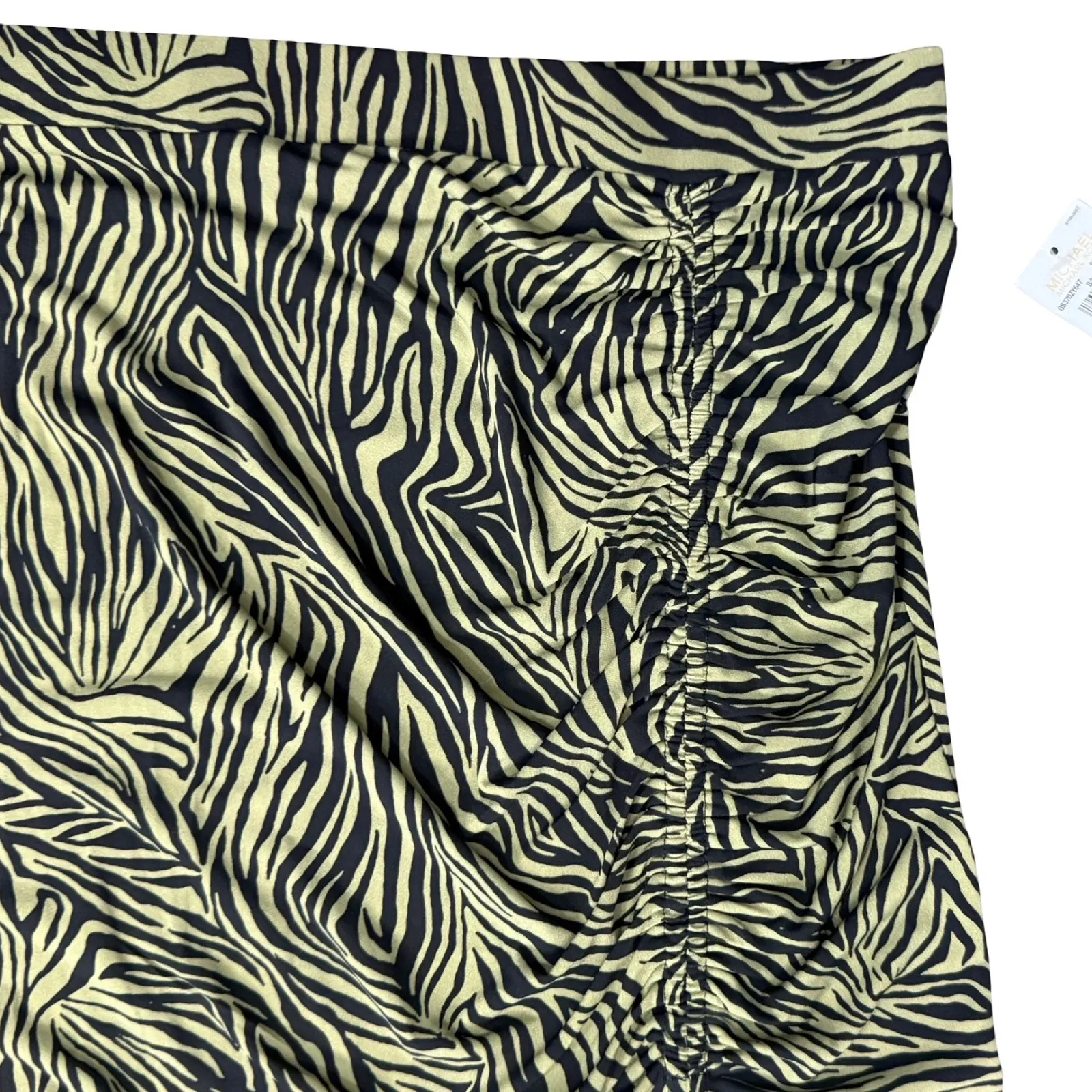 Michael Kors Olive Green Black Zebra Print Side Ruched Midi Skirt size L NEW Tag - Image 8