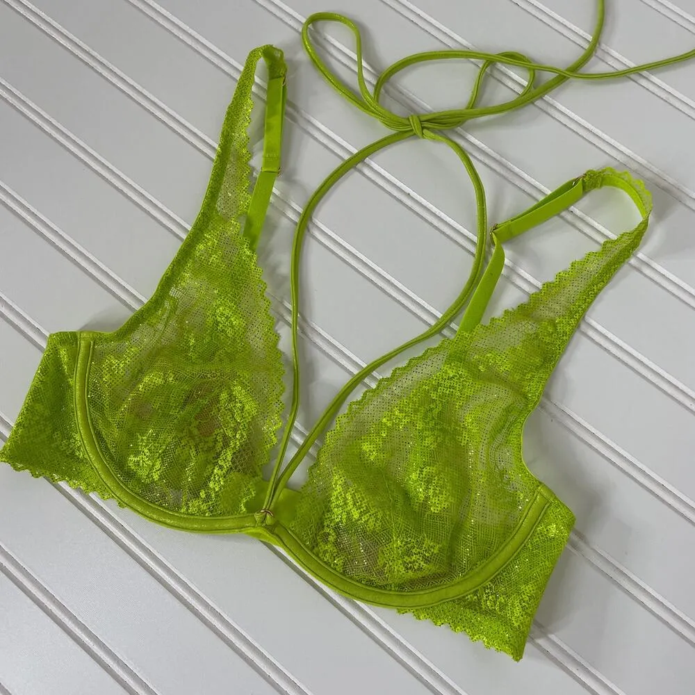 NWT Savage X Fenty Apple Green Caged Lace Unlined Underwired Bra with Tie 32C - Image 3