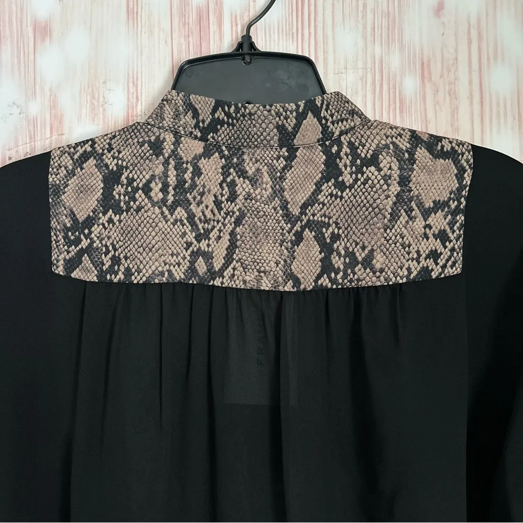FRAME Black Colorblock Tan Snake Printed 100% Silk Blouse Button Front Size S - Image 10