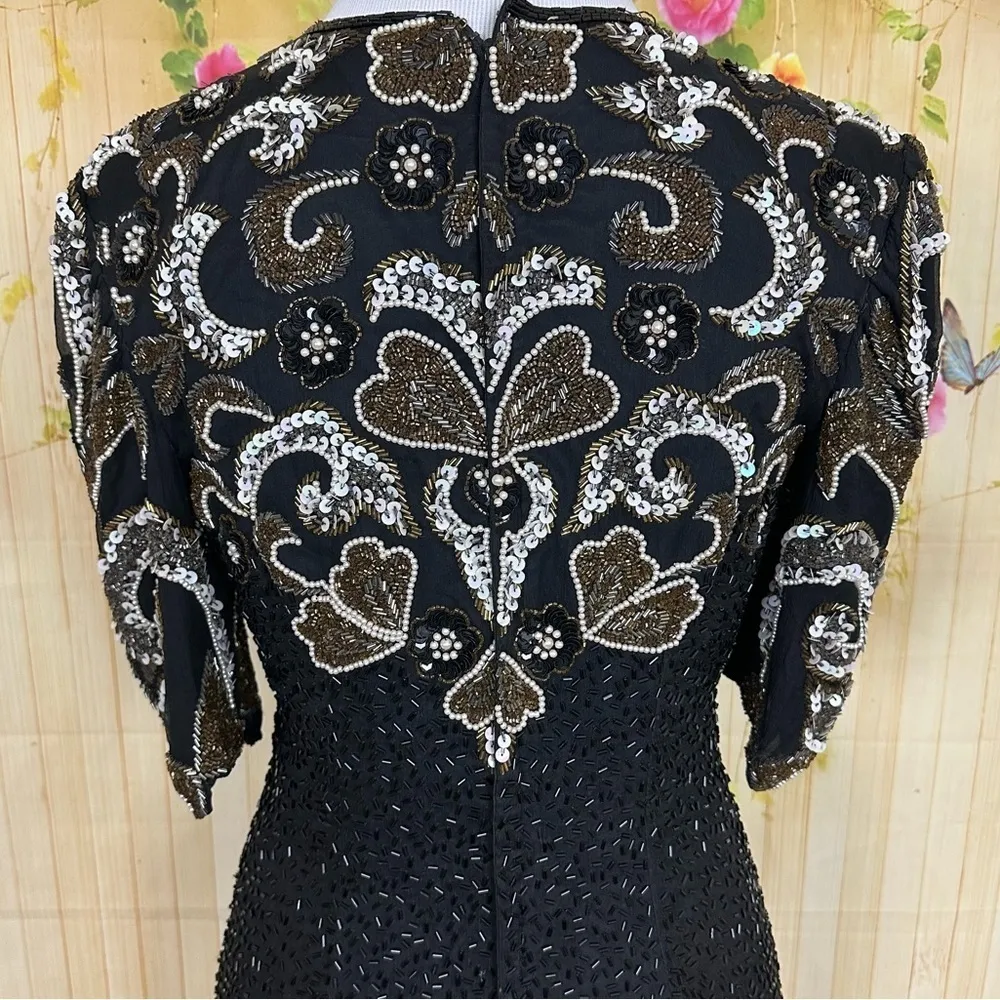 NIGHT VOGUE Vintage Black Silk Beaded Dress Size undefined - Image 8