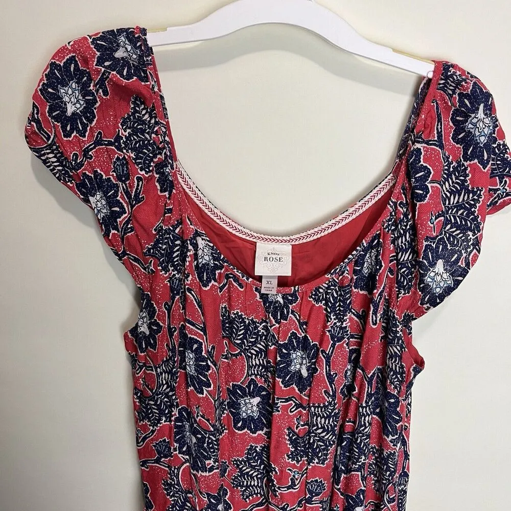 Knox Rose Tiered Midi Dress Sz XL Floral Red & Blue Boho Pockets Flutter Sleeve - Image 6