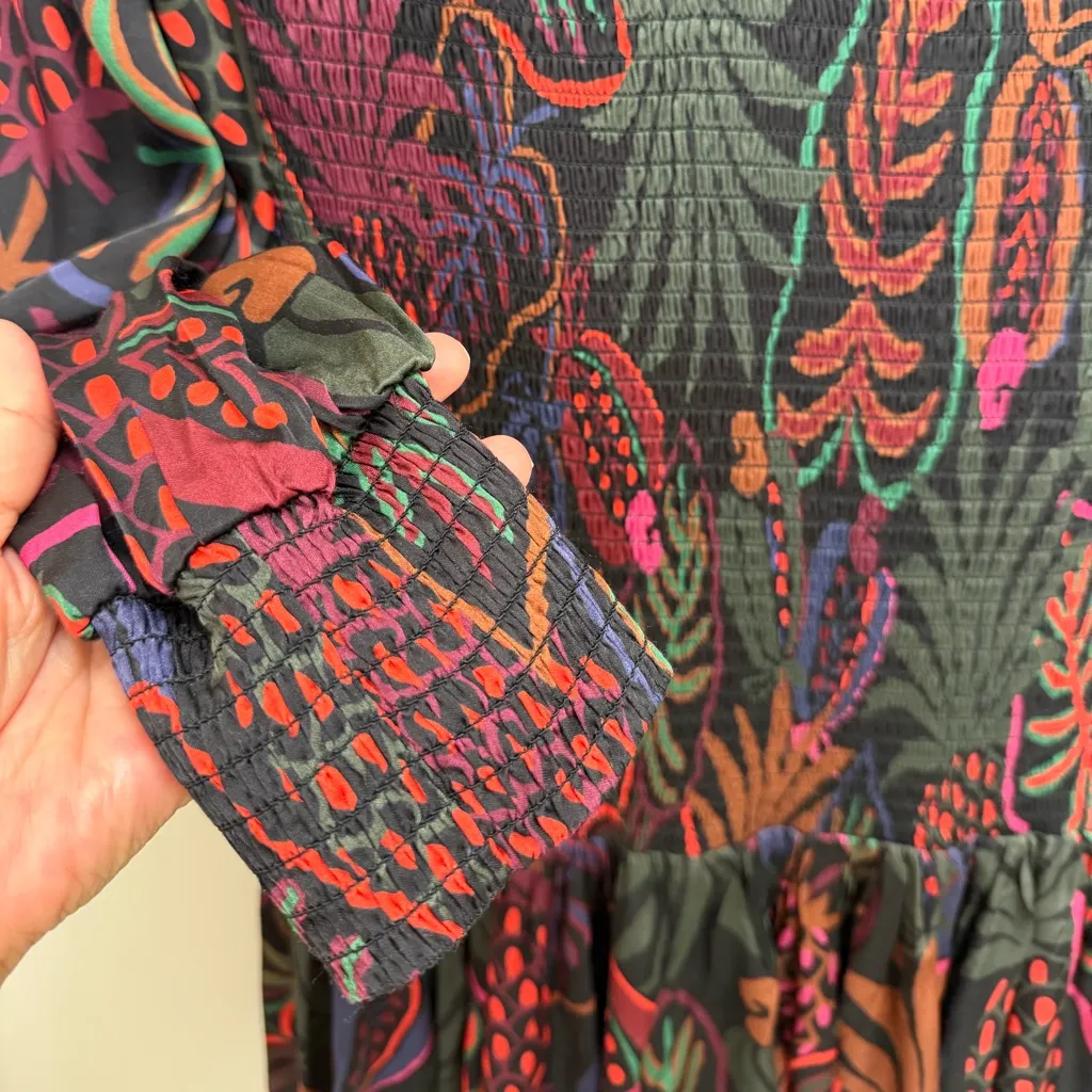 FARM Rio Frutis Dress Smocked Long Blouson Sleeve Drop Waist Multi Color Size XS - Image 9